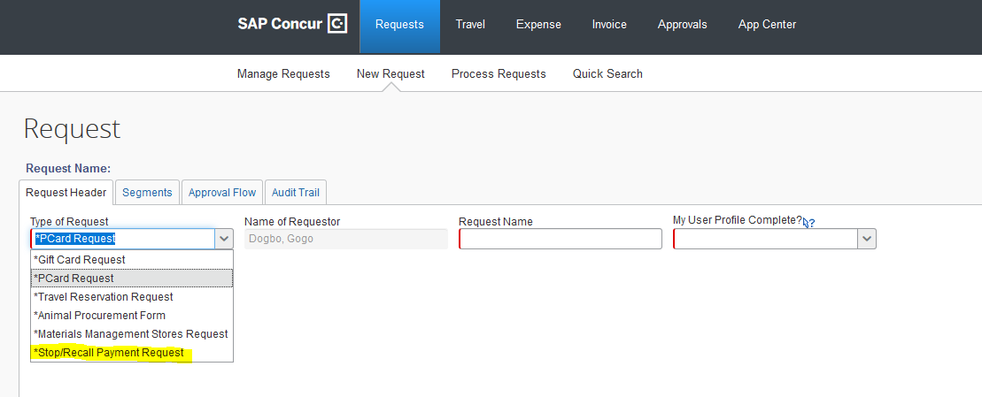Screenshot of Request tab selection