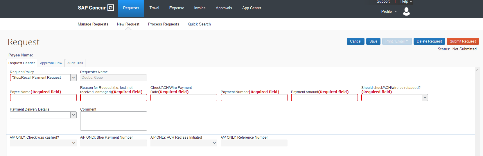 Screenshot of type of request selection