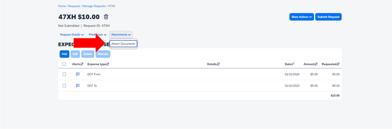 attach documents button Location of button to attach documents