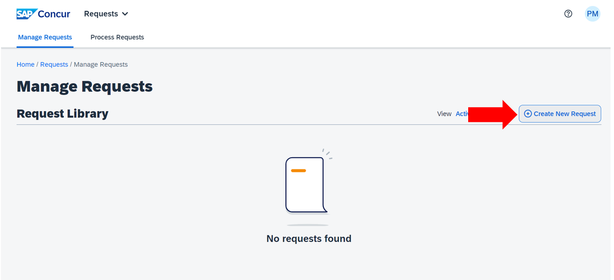 Button to create new request Selection of button to create new request