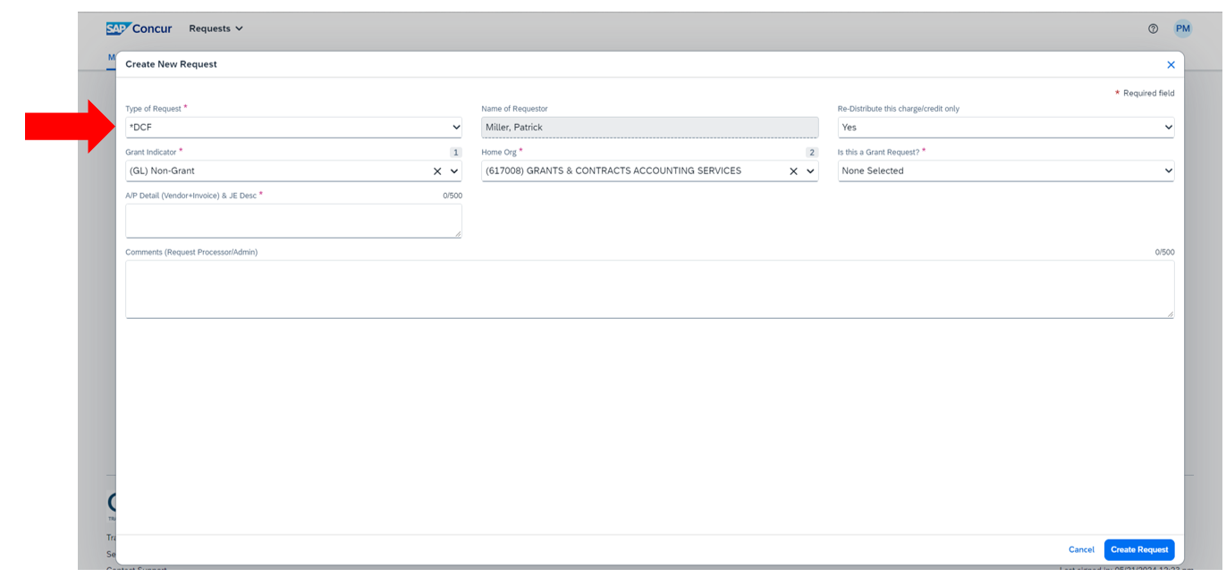 Selection of DCF as type of request Selecting DCF as type of request