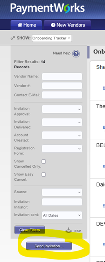 Initial screen for sending invitaiton to new vendor for PaymentWorks