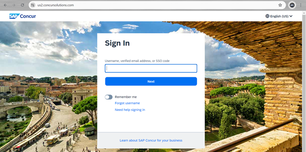 Concur application sign in screenshot
