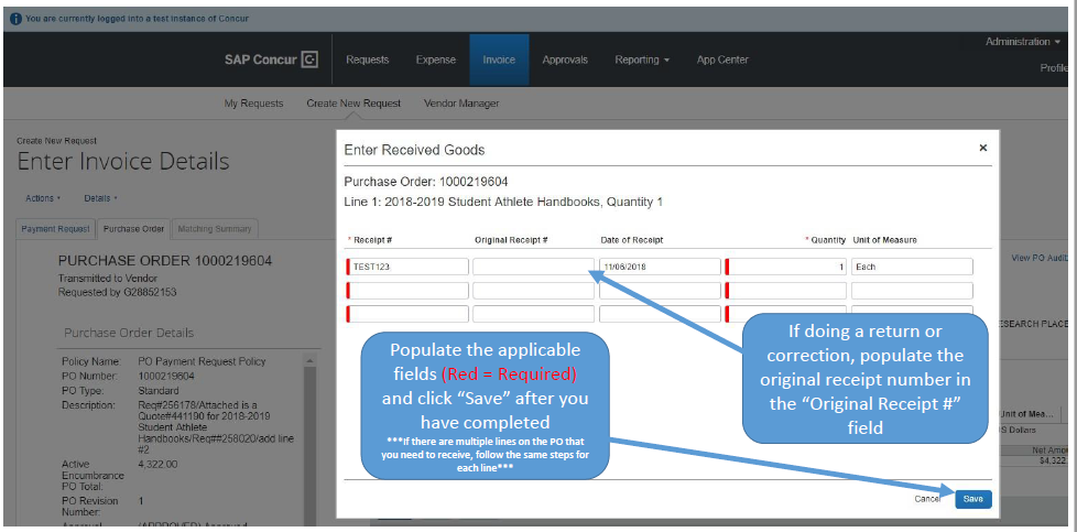 Entering receipt information screenshot