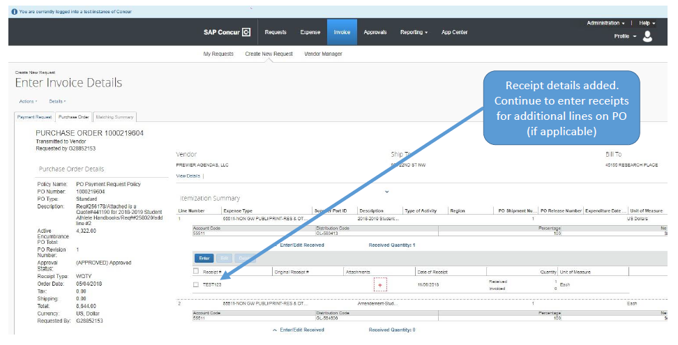 Screenshot showing receipt successfully entered